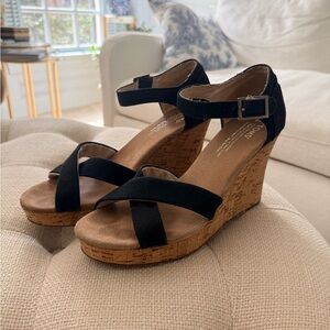 TOMS Black Cork Wedge Sandals with Ankle Strap